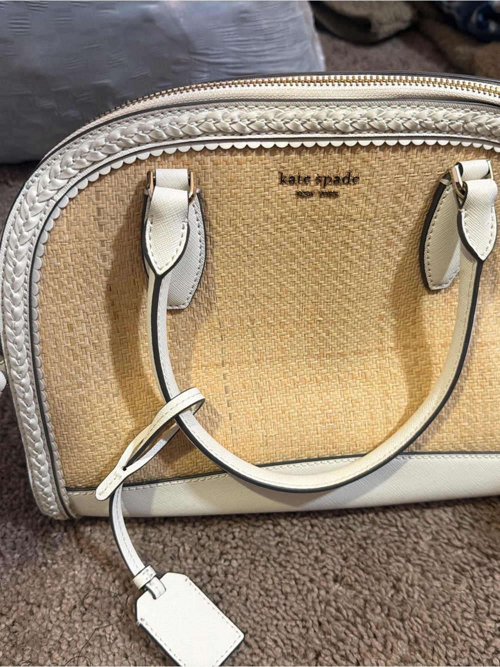Brand new. Never used kate spade Cream and Straw Dome Satchel with Braided Trim